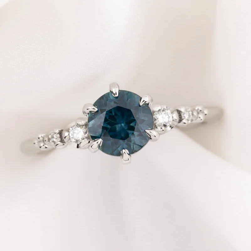 Minimalist band engagement rings-Estel Fleur Six Prongs Ring 1.42ct Deep Teal Blue Montana Sapphire, 14k White Gold (One of a kind)