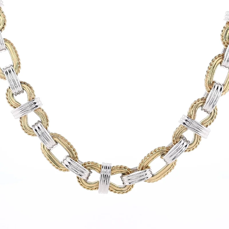 Sea wave necklaces-Estate 14k Two Tone Alternating Beaded Oval Links and Ribbed Links 18" Necklace