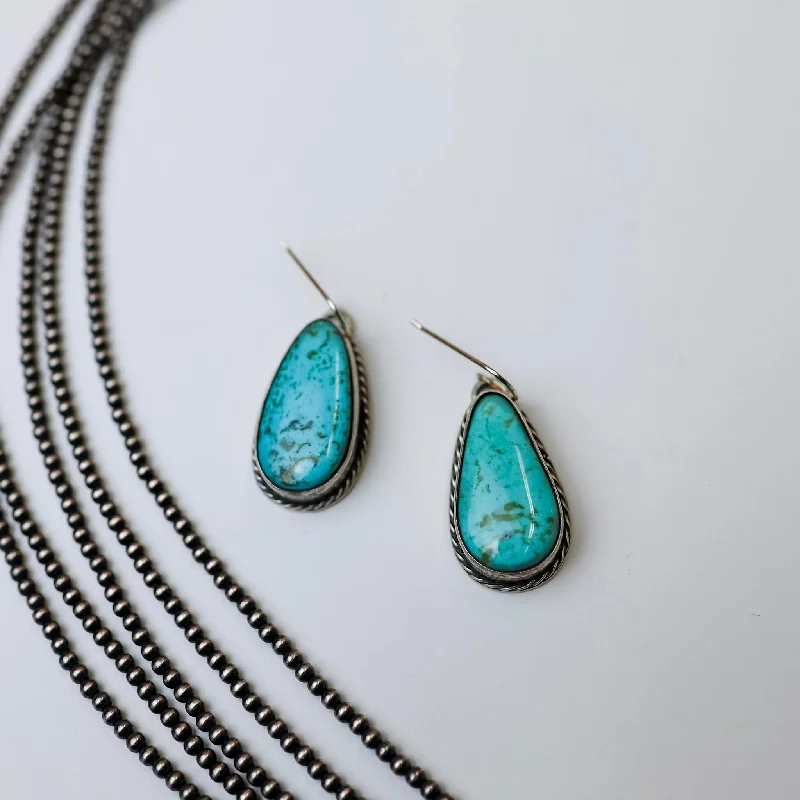 Tide shape earrings-Zia | Genuine Navajo Turquoise Stone Dangle Earrings with Sterling Silver Rope Edge