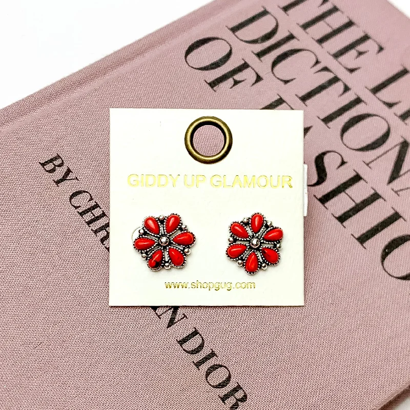 Solid bar earrings-Flower Post Earrings with Faux Red Stones in Silver Tone