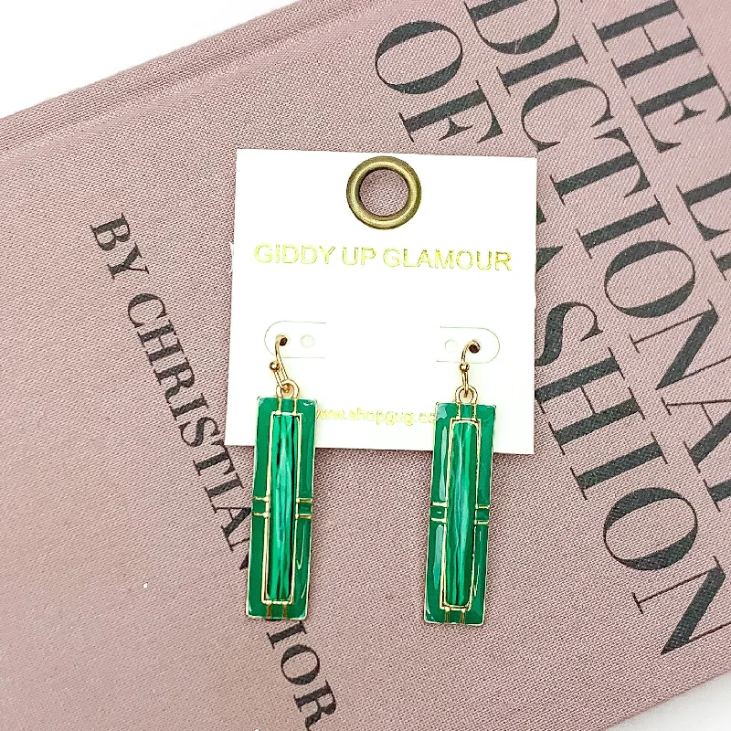 Rough texture earrings-Everyday Gold Tone Rectangular Pendant Earrings in Kelly Green