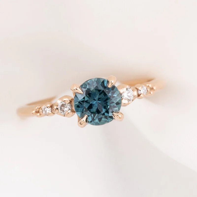 Tiny dot engagement rings-Estel Fleur Four Prongs Ring, Teal Blue Green Montana Sapphire, 14k Rose Gold (One of a Kind)