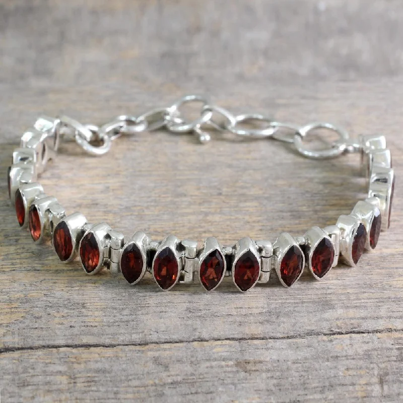 Gem pile bangles-Handmade Sterling Silver 'Red Marquise' Garnet Bracelet (India)