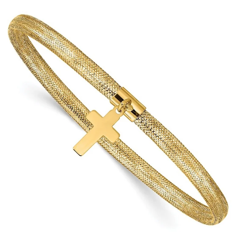 Silk cord bangles-Curata 14k Yellow Gold Mesh Religious Faith Cross Dangle Stretch Bracelet