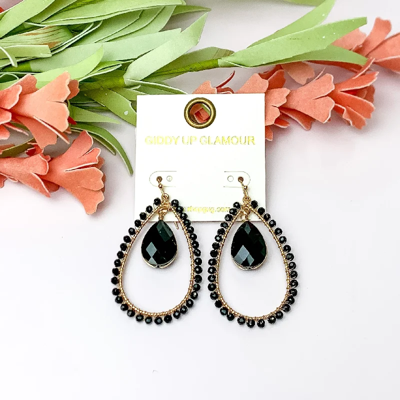 Flat coin earrings-Black Stone Inside Open Beaded Teardrop Earrings with Gold Tone Outline