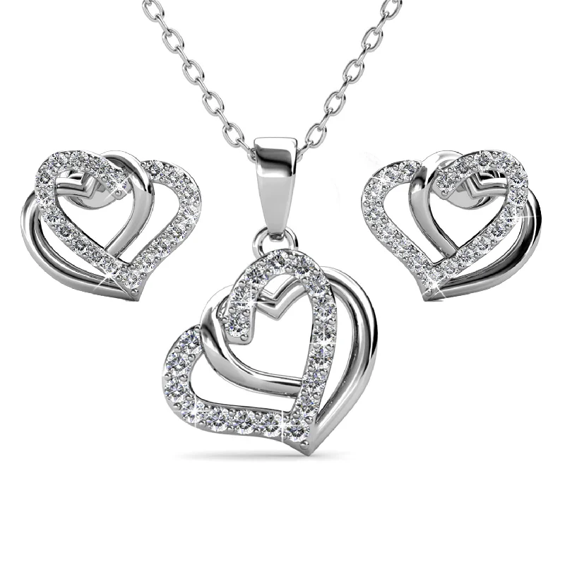 Patina bronze necklaces-Angela 18k White Gold Plated Silver Necklace and Earring Set, Double Heart Jewelry Set with Swarovski Crystals