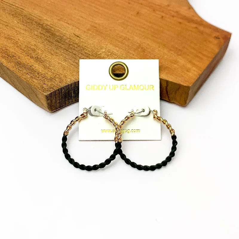 Fine pearl earrings-Twisted Gold Tone Hoop Earrings in Black