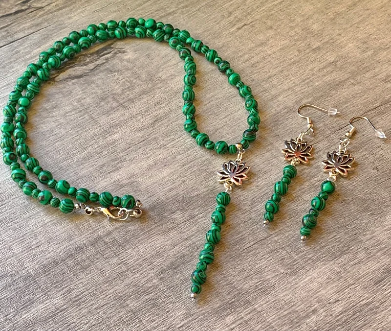 Cotton thread necklaces-Aurora Handmade Malachite 23" Necklace and Earring Set with Lotus Flower Pendant