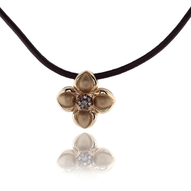 Coil knot necklaces-Estate 14 Karat Yellow Gold Flower Diamond Pendant with Brown Leather Cord Necklace