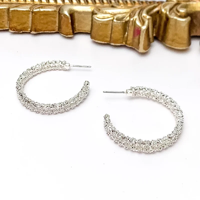 Crystal-twisted earrings-Worry Free Medium Silver Tone Textured Hoop Earrings