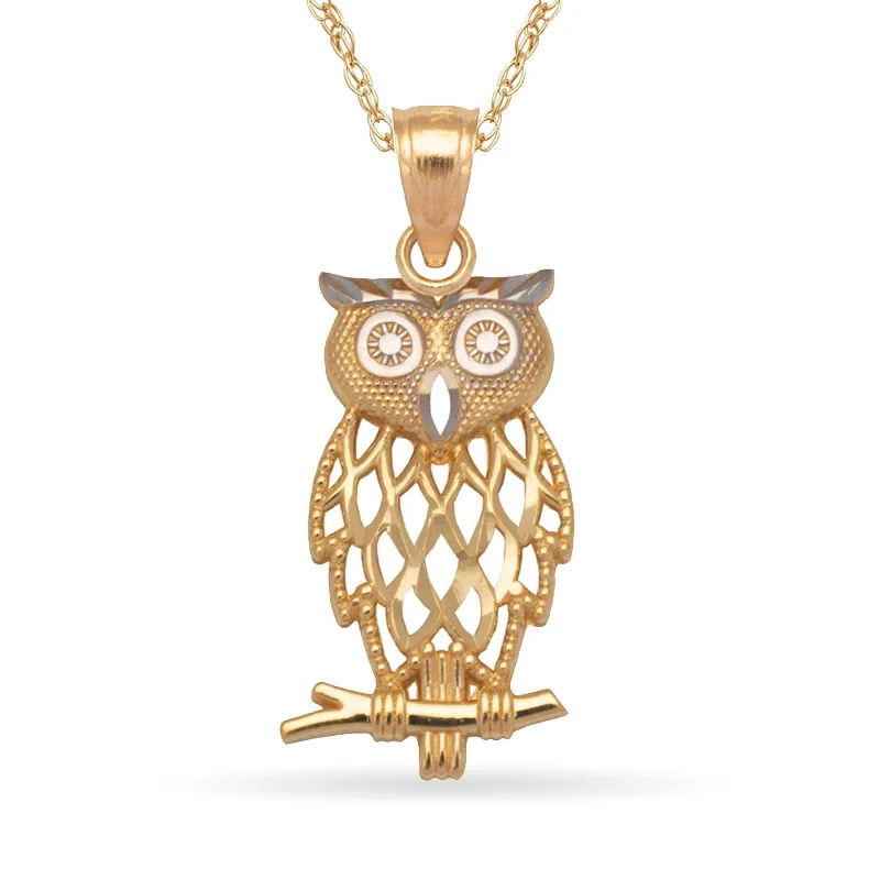 Brushed gold necklaces-Curata 14k Yellow Gold 18" 24.1x9.9mm Diamond-cut Filigree Owl Pendant Necklace Necklace