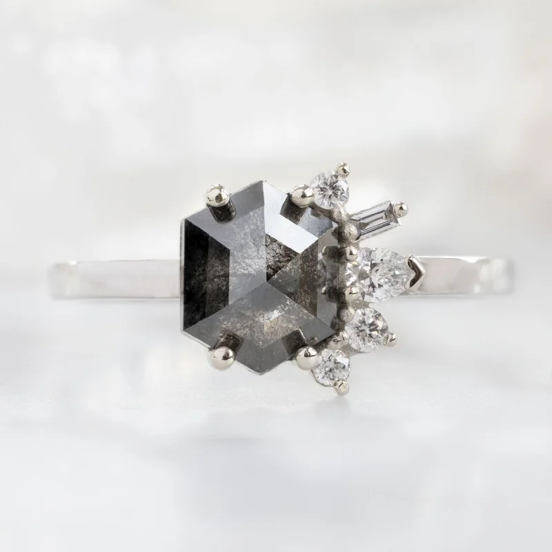 Rough band engagement rings-The Cluster Ring | 1.25ct Hexagon Black Diamond in 14K White Gold