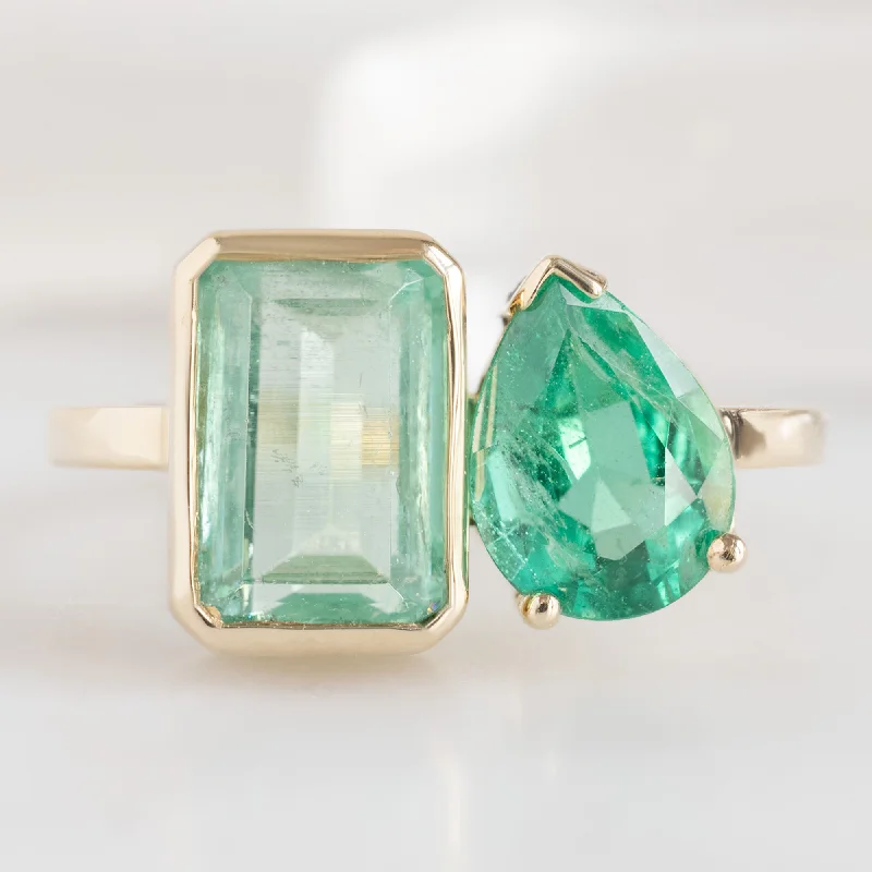 Retro flair engagement rings-The Watercolor You and Me Ring | 1.93ct Emerald Cut Emerald in 14K Yellow Gold