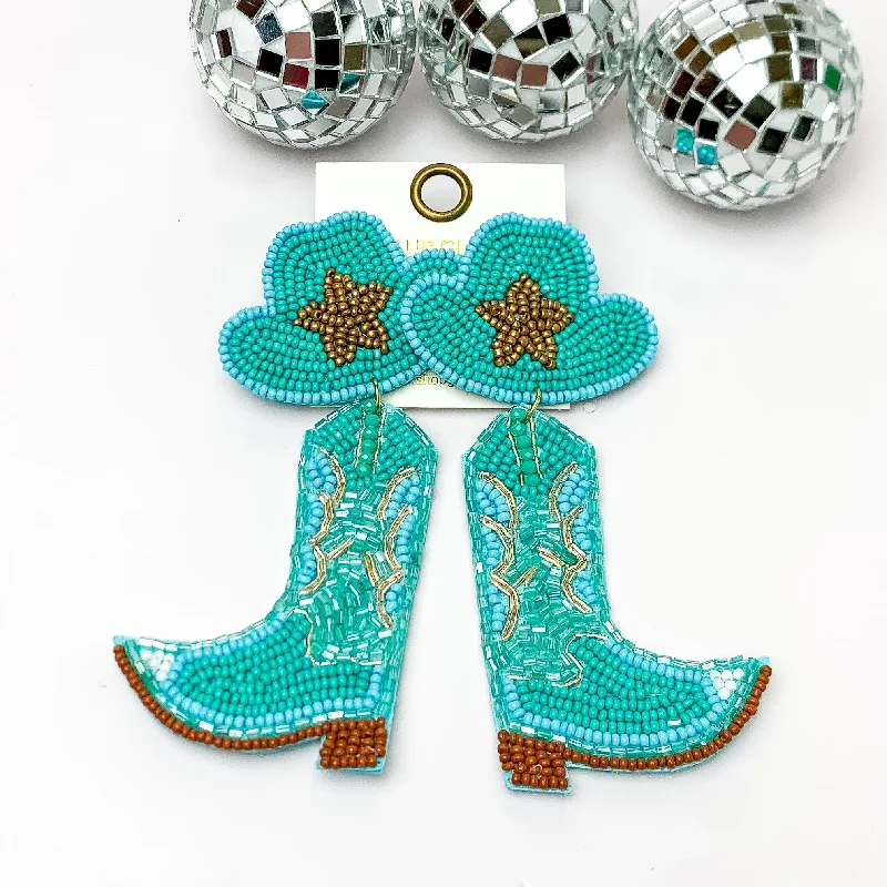 Thin hoop earrings-Beaded Cowboy Hat and Boot Earrings with Gold Star in Turquoise Blue