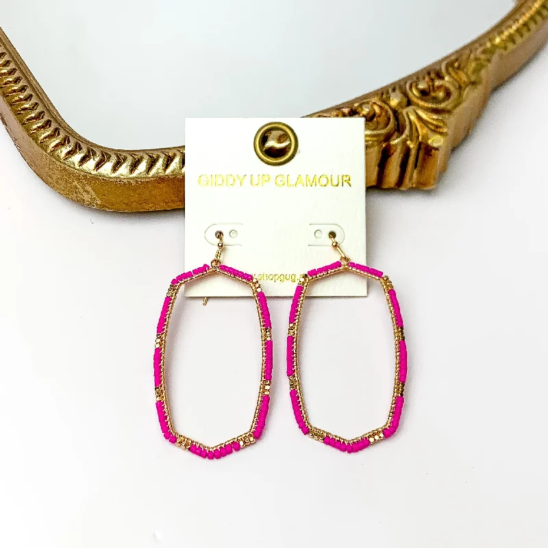 Bead weave earrings-Hot Pink Beaded Open Large Drop Earrings with Gold Tone Accessory