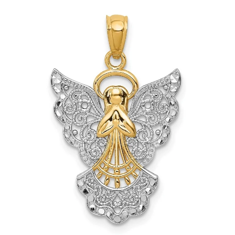 Vine braid necklaces-Curata 14k Yellow Gold and Rhodium 18" Filigree Angel Pendant Necklace - 27.5x17.8mm