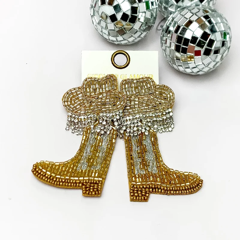 Layered tier earrings-Beaded Cowboy Hat and Boot Earrings with Clear Crystal Fringe in Gold