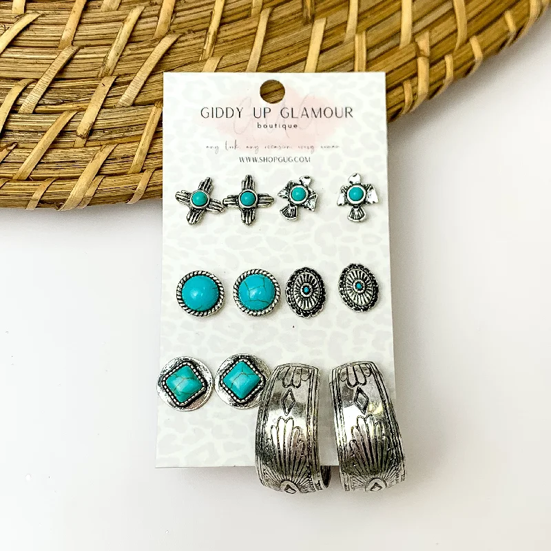 Reef knot earrings-Set Of Six | Multiple Turquoise and Silver Tone Stud Earrings