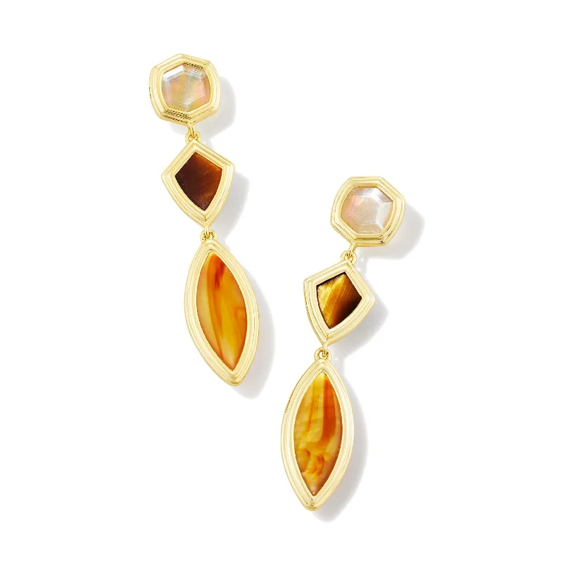 Sea theme earrings-Kendra Scott | Monica Gold Linear Earrings in Brown Mix