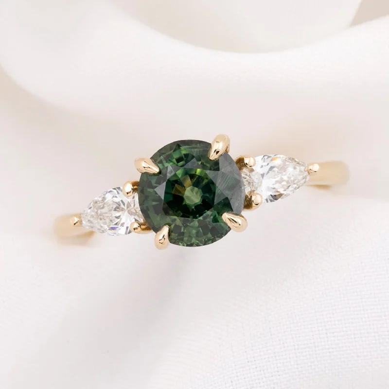 Bamboo design engagement rings-Olivia Grand Ring 1.88ct Green Australian Sapphire, 14k Yellow Gold (One of a kind)