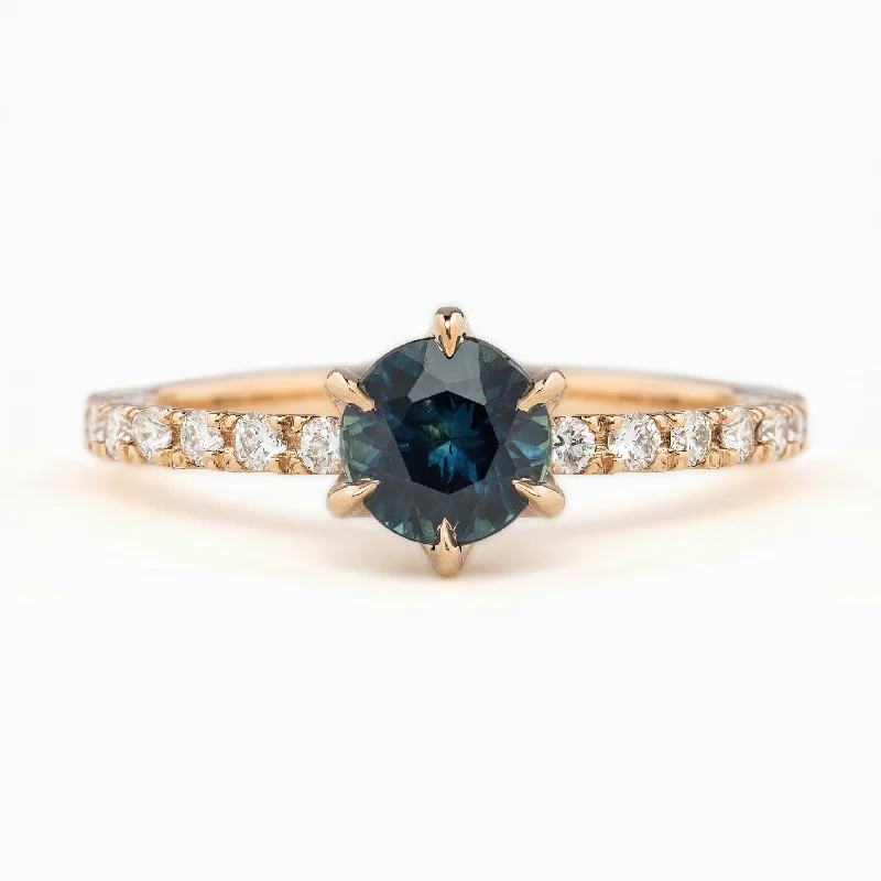 Bamboo design engagement rings-Maria Luxe Ring 1.01ct Deep Teal Blue Montana Sapphire, 14k Rose Gold (One of a kind)