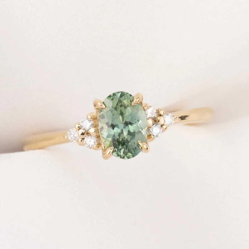 Hamsa charm engagement rings-Teresa Ring 1.14ct Light Blue Green Montana Sapphire, 14k Yellow Gold (One of a kind)