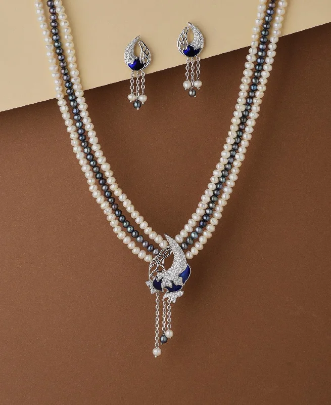 Oval shape necklaces-Gorgeous Stone Studded Pearl Necklace Set