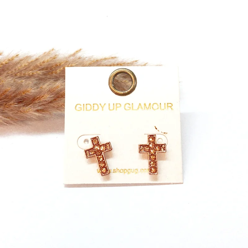 Heavy ring earrings-Crystal Cross Stud Earrings in Rose Gold Tone