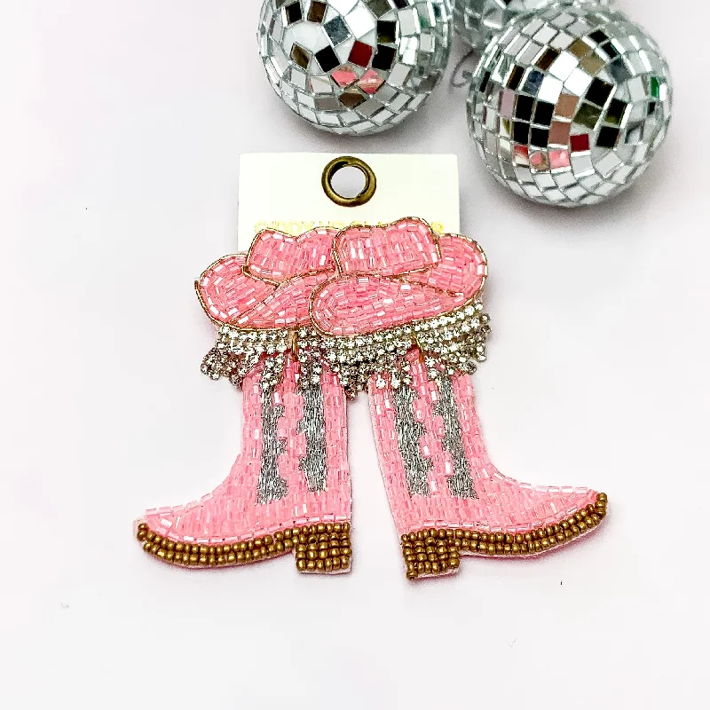 Hawk feather earrings-Beaded Cowboy Hat and Boot Earrings with Clear Crystal Fringe in Pink