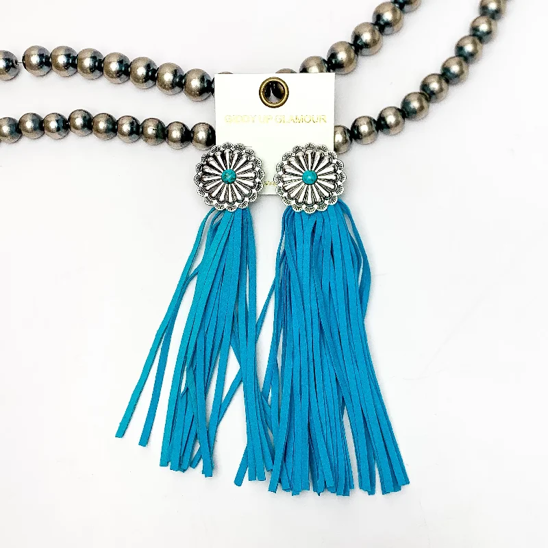 Broad hoop earrings-Rodeo Runway Tassel Earrings in Turquoise Blue