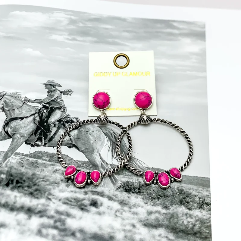 Bright druzy earrings-Western Moment Silver Tone Hoop Earrings With Stones in Hot Pink