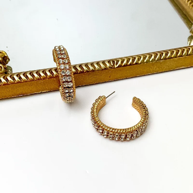 Wave dangle earrings-Clear Crystal Inlay and Gold Tone Hoop Earrings