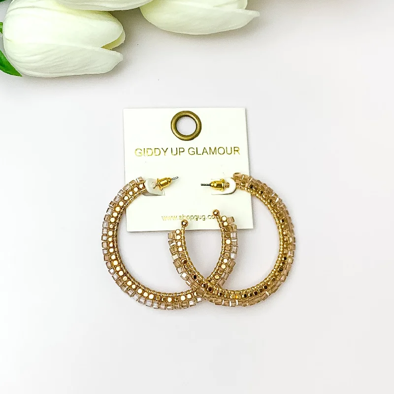 Pure pearl earrings-Gold Tone Beaded Hoop Earrings with a Champagne Crystal Outline