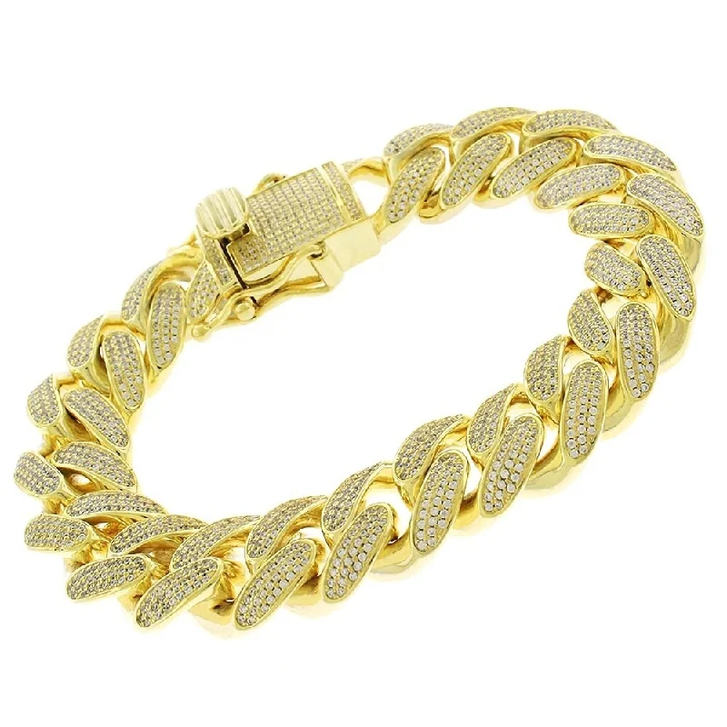 Stellar theme bangles-Sterling Silver 15.5mm Iced Out CZ Miami Cuban Solid 925 Yellow Gold Bling Bracelet Chain 8.5"