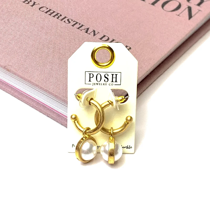 Crystal-twisted earrings-Posh By Pink Panache | Huggie Hoop Earrings with Pearl Charm in Gold