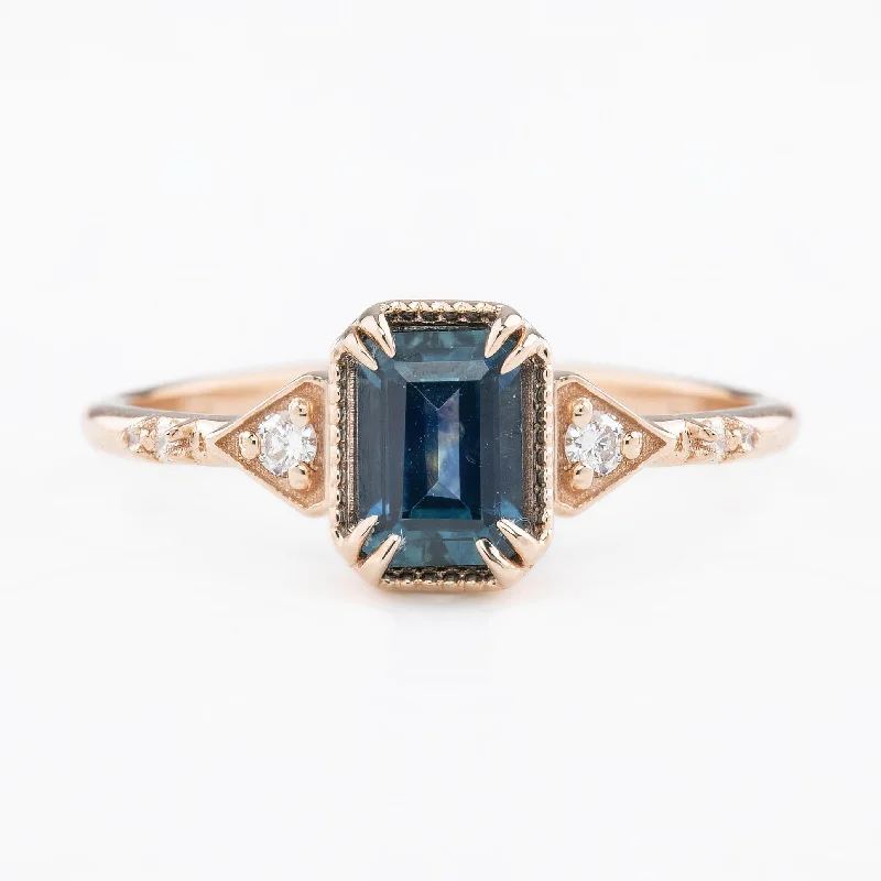 Thick band engagement rings-Agatha Ring 1.11ct Deep Teal Blue Emerald Montana Sapphire, 14K Rose Gold (One of a kind)