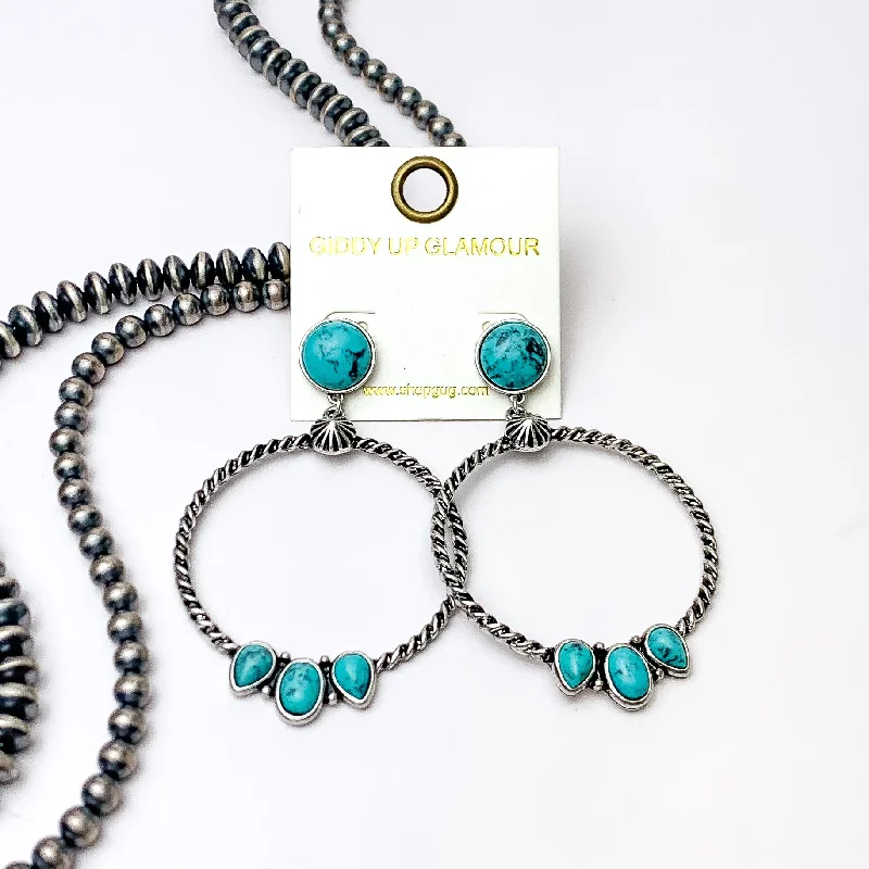 Agate drop earrings-Western Moment Silver Tone Hoop Earrings With Stones in Turquoise Blue