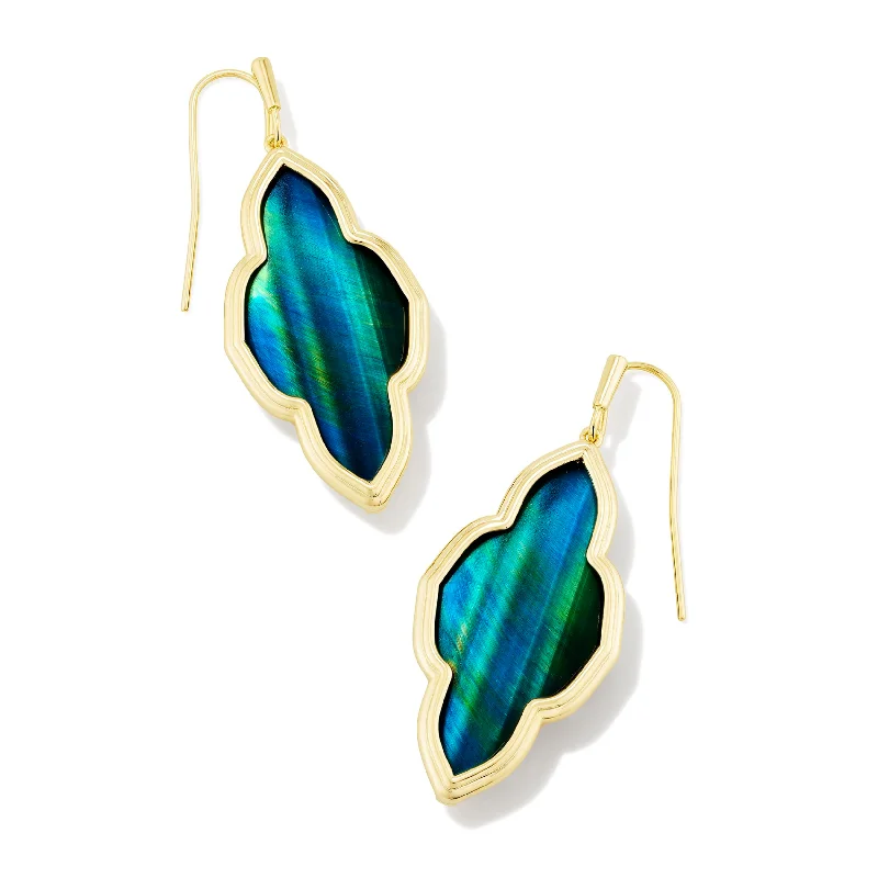 Hawk feather earrings-Kendra Scott | Framed Abbie Gold Drop Earrings in Teal Tiger's Eye