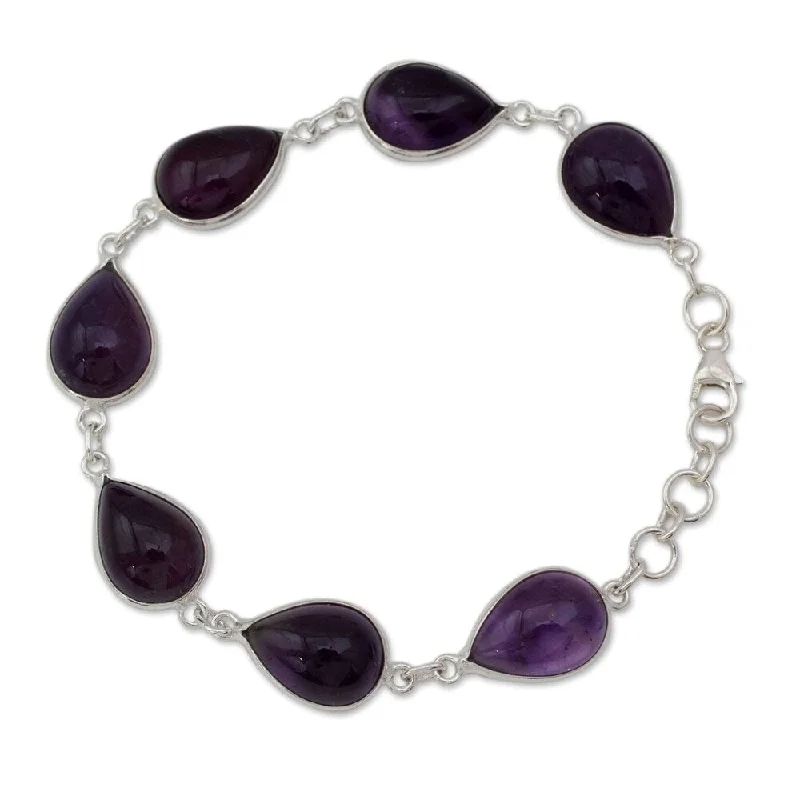 Oval gem bangles-Handmade Sterling Silver Blissful Beauty Amethyst Bracelet (India)