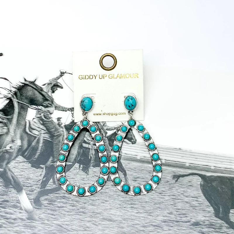 Trekker weave earrings-Western Open Teardrop Earrings With Stones in Turquoise