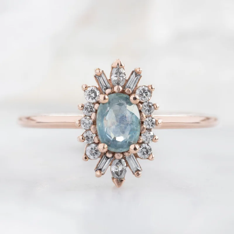 Lace detail engagement rings-The Camellia Ring | 0.63ct Oval Montana Sapphire in 14K Rose Gold