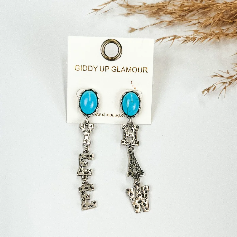 Thick tier earrings-Western Yee Haw Earrings In Silver Tone with Oval Post Back in Turquoise