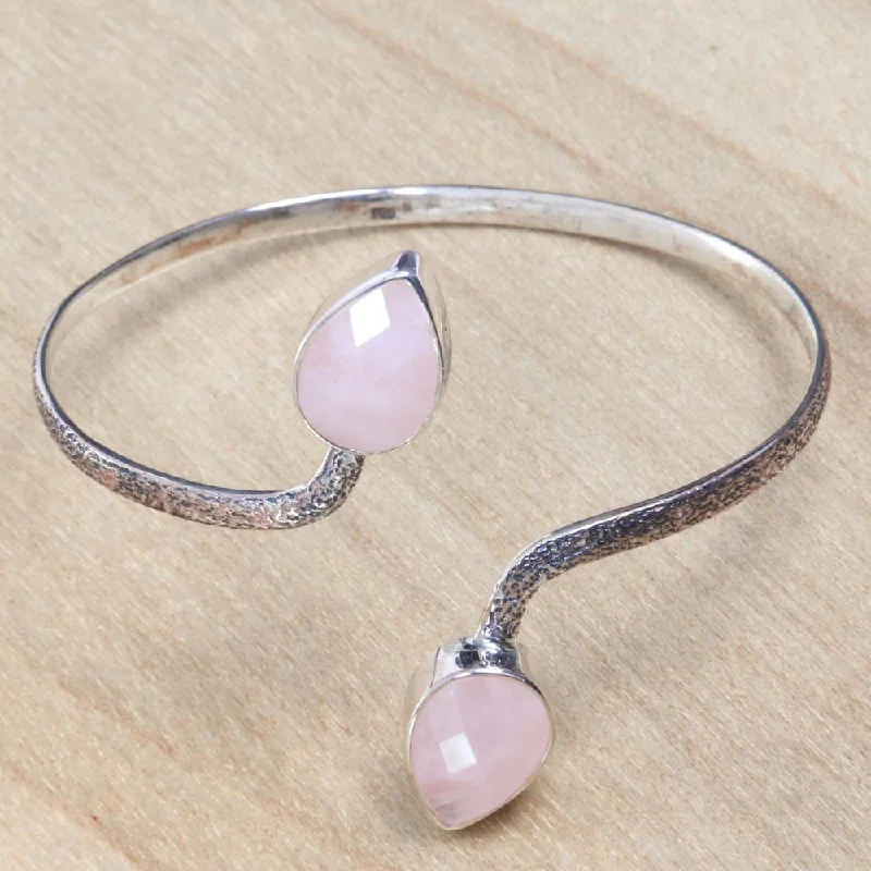 Bright druzy bangles-Handmade Sterling Silver 'Budding Roses' Rose Quartz Bracelet (Indonesia)