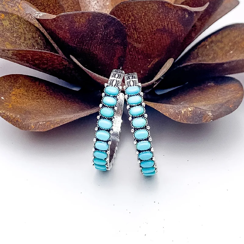 Glossy silver earrings-Silver Tone Semi Hoop Earring with Turquoise Blue Stones