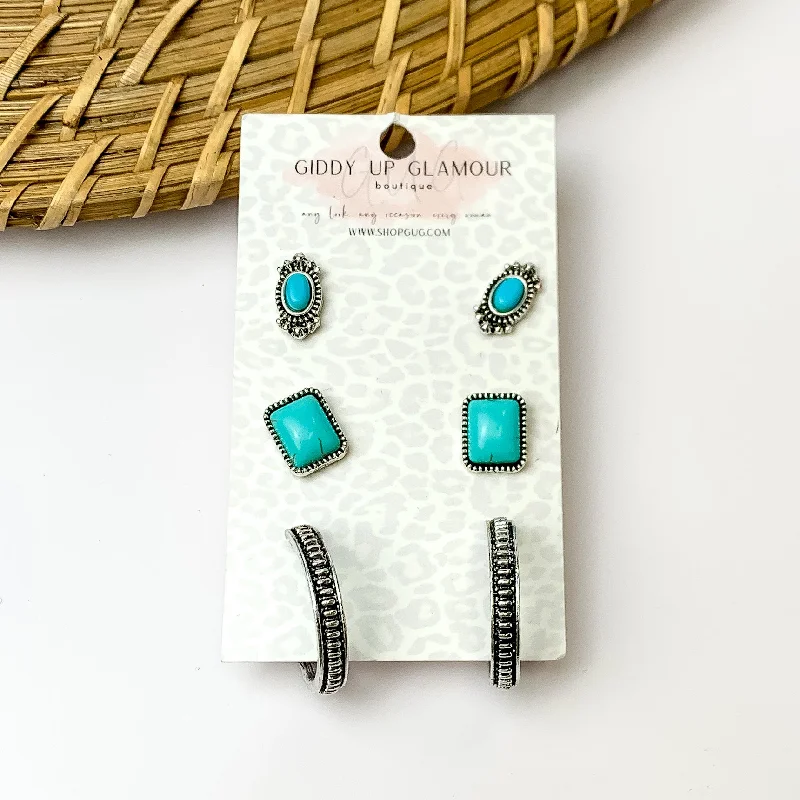 Linen cord earrings-Set Of Three | Multiple Turquoise and Silver Tone Stud Earrings