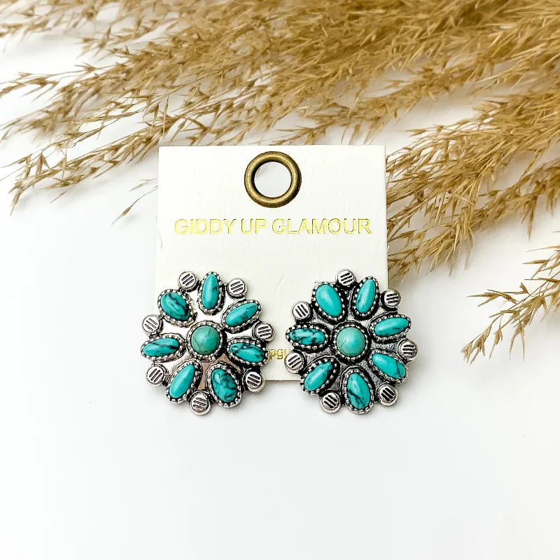 Linen cord earrings-Faux Turquoise Flower Cluster Stud Earrings in Silver Tone