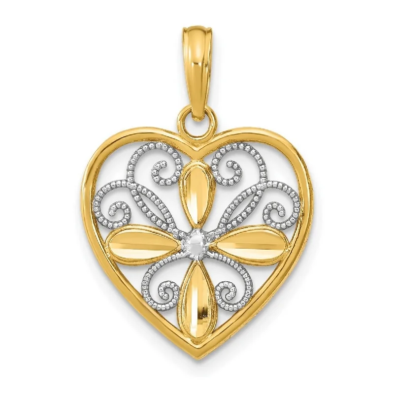 Quartz healing necklaces-Curata 14k Two tone Gold 18" 22.33x17.5mm Floral Beaded Heart Pendnat Necklace