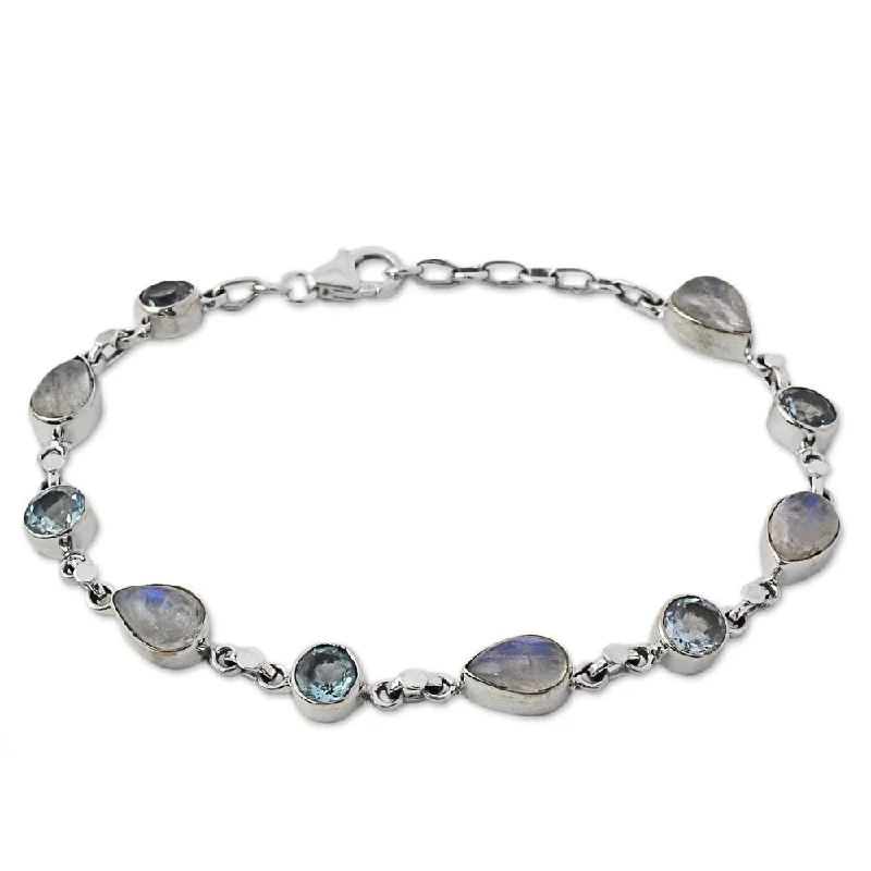 Patina bronze bangles-NOVICA Rainbow Moonstone and Blue Topaz Link Bracelet, 'Misty Sky' (India) - 7'6" x 9'6"