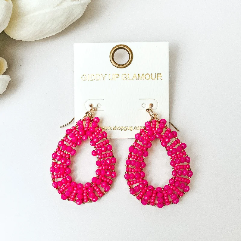 Leaf pattern earrings-Gold Tone Teardrop Earrings with Hot Pink Beaded Outline