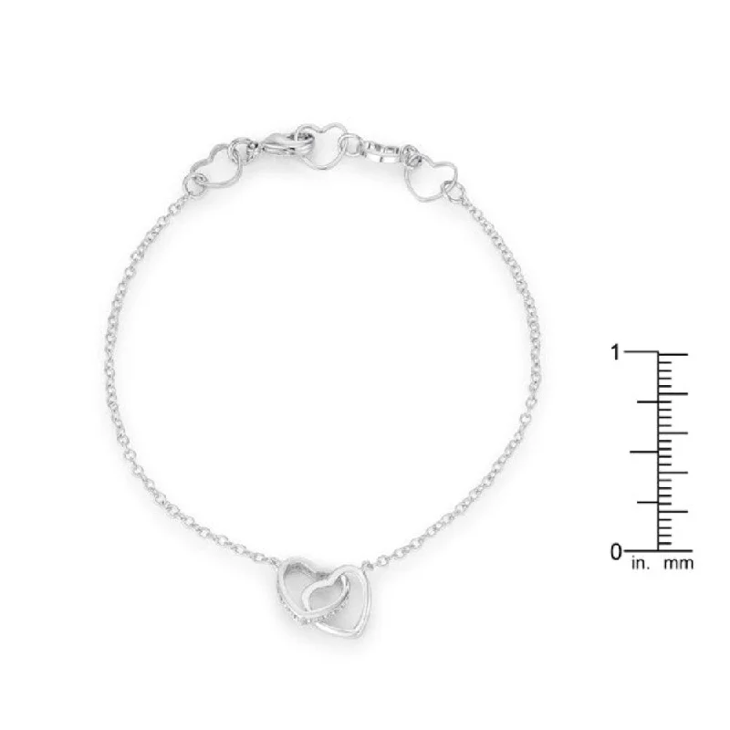 Stretch cord bangles-0.12 Ct Rhodium Interlocked Hearts Bracelet With Cz Accents - 7" Chain + 1" Extender